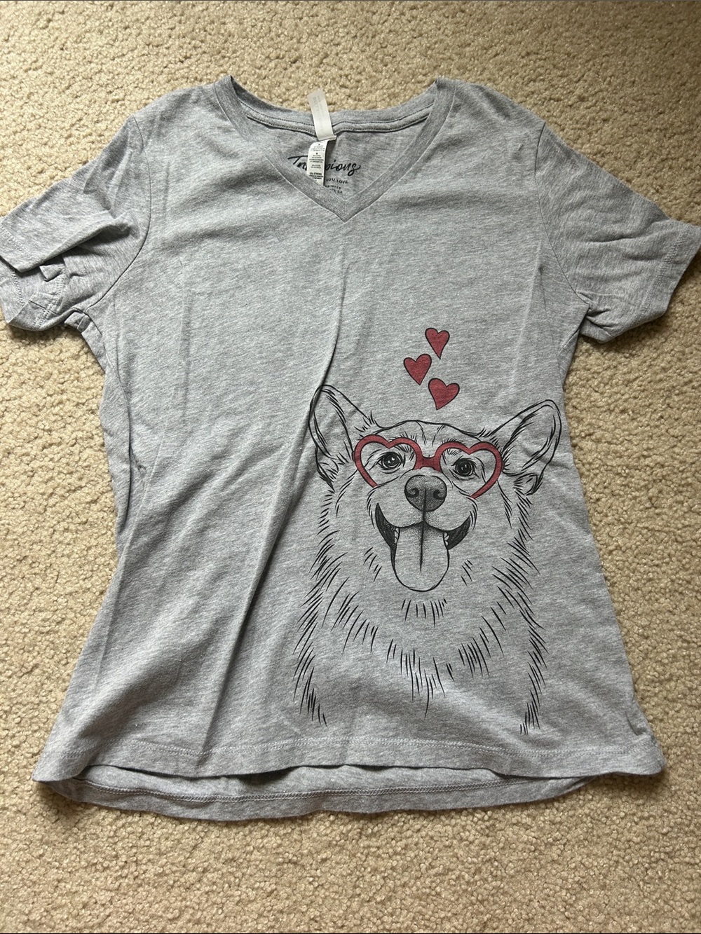Bella and Canvas v neck women’s grey corgi valentine shirt